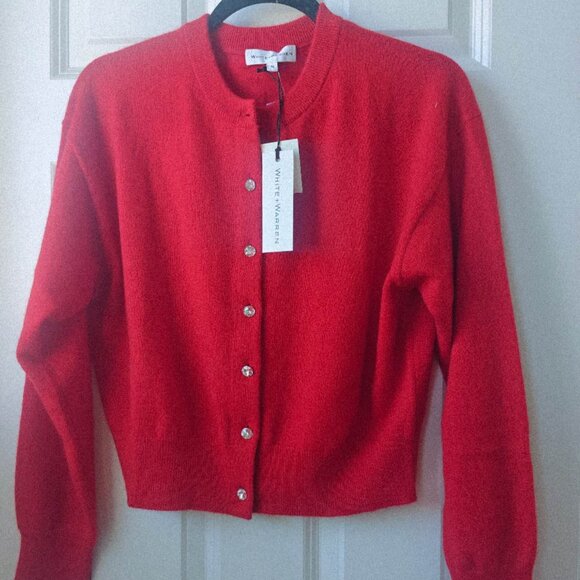 NEW White + Warren Cashmere Crewneck Rhinestone Cardigan Scarlet - Picture 3 of 5